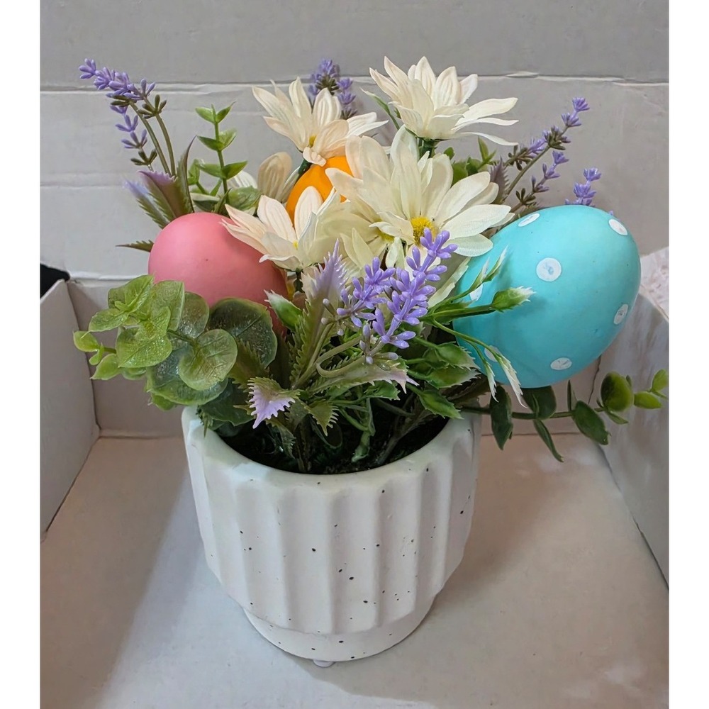 Spring Easter Artificial Floral Arrangement White Fluted Ceramic Pot Faux Plant